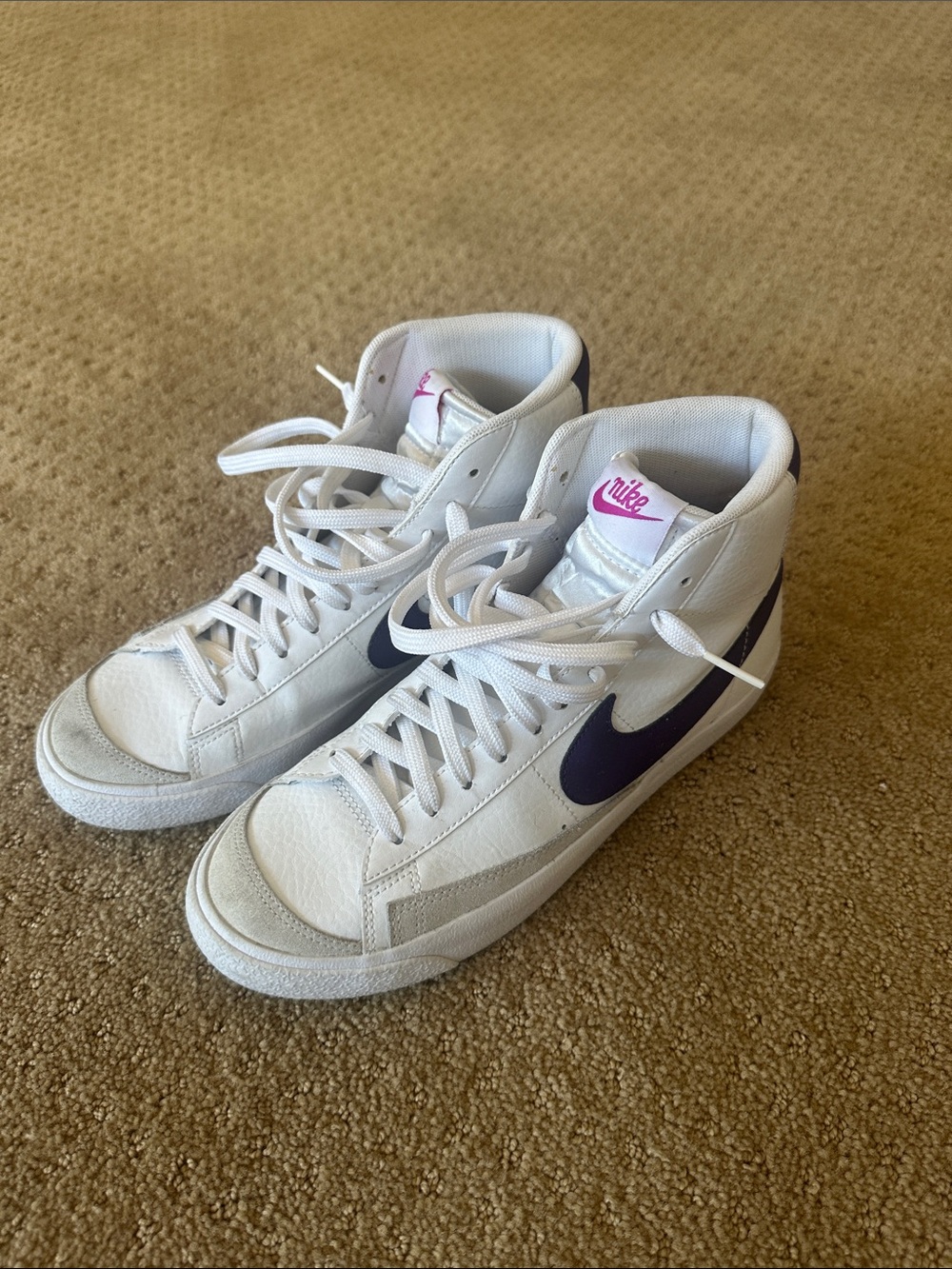 Nike Women's White High-Top Sneakers with Purple Swoosh and Pink Tongue Logo